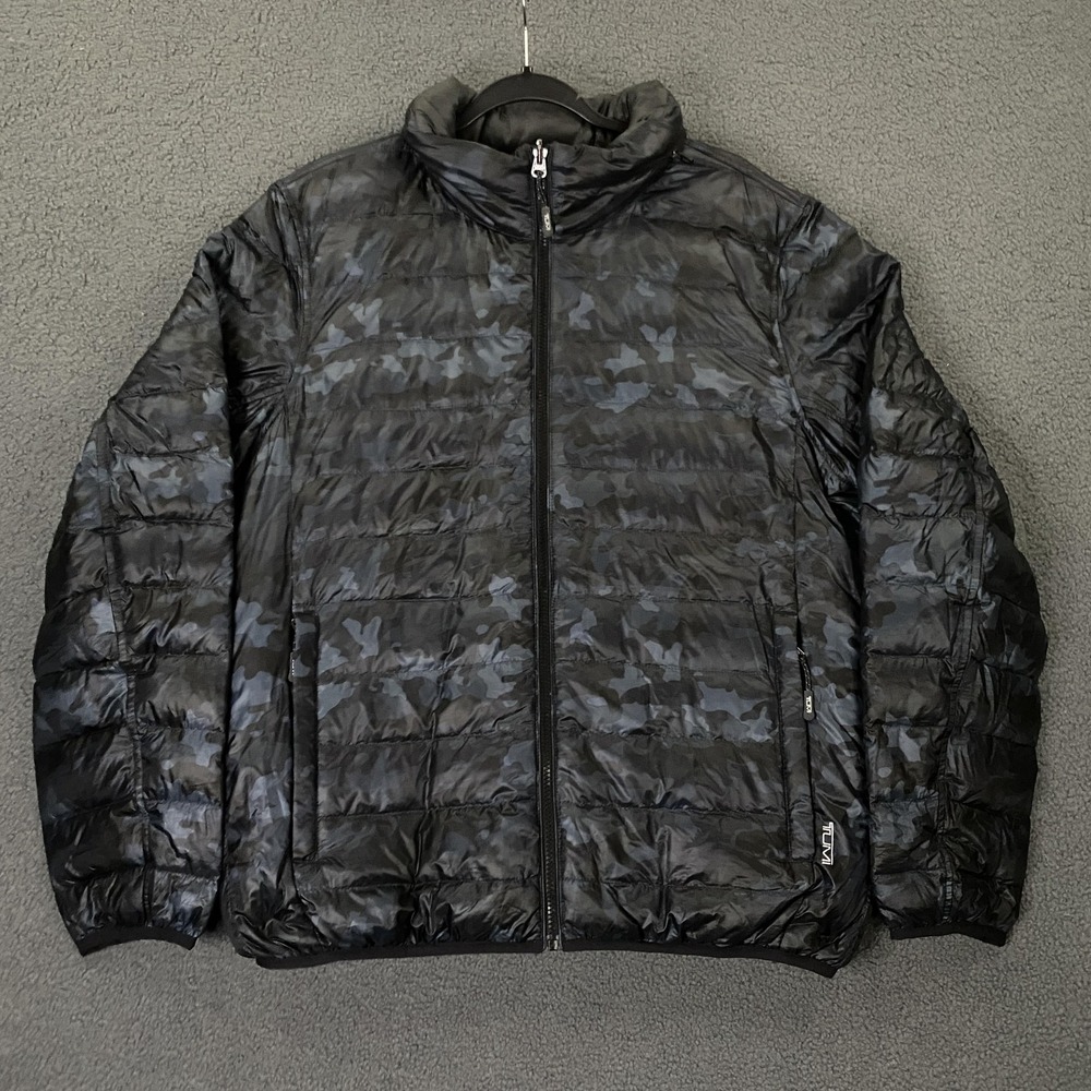 Tumi Jacket Mens Large Black Camo Pax Packable Down Puffer Hooded Reversible